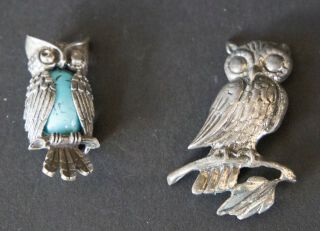 (2) Vintage Silver - Colored Metal Owl Pins - 1 Is Sterling W/turquoise