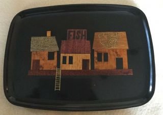 Vintage Mid - Century Couroc Of Monterey Serving Tray “fishing Shacks”