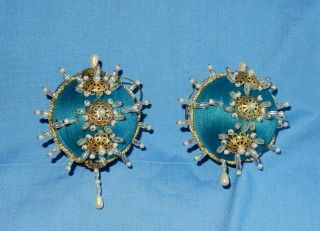 2 Vintage Handmade Blue Satin Balls W Sequins & Beads Christmas Ornaments