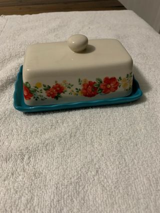 Pioneer Woman Vintage Floral 1/4lb Cover Butter Dish Blue Base Red Flowers
