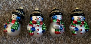 Vintage Set Of 4 Mouth Blown Glass 2 " Snowmen Christmas Ornaments Snowman