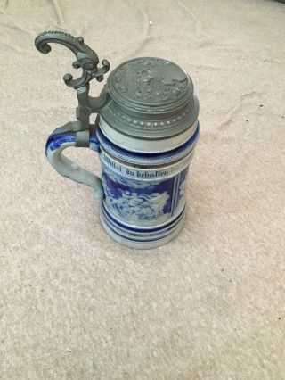 Vintage Blue & Gray Salt Glazed Stoneware German Pewter Lidded Beer Stein 8 "