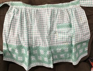 Vintage Looking Hostess Half Apron Green White Gingham X Stitch Pattern Pocket