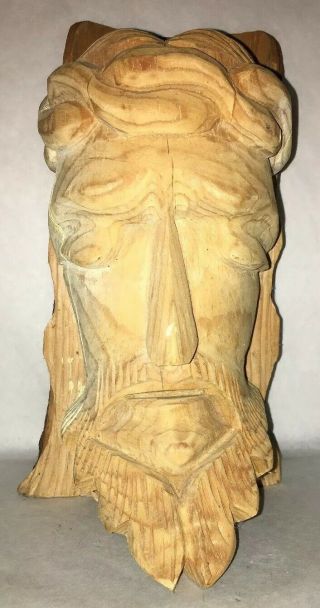 Vintage Hand Carved Wood Tree Trunk Face Of Jesus Christ With Bark