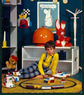 Boy W/vintage Toys: Electric Shell Train,  Robot,  Retro Lamp.  Vintage Postcard