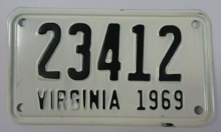 Vintage 1969 Virginia Motorcycle License Plate Tag 23412 Va.