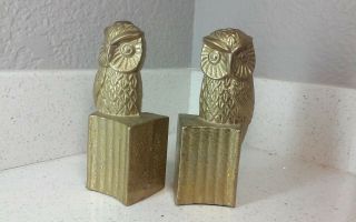 Pair Vintage Heavy Brass Owl Bookends,  Sculptures Bout 6 X 2.  75 X 2