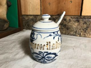 Vintage Porcelain Lidded Condiment Dish With Spoon Horse Radish