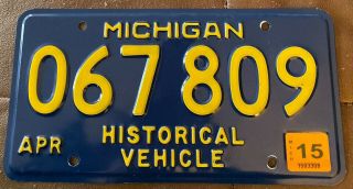 Michigan 2015 Historical Vehicle License Plate 067 809