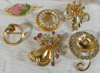Vintage Set 6 Rhinestone Brooch Pins All Different Flowers,  Clusters