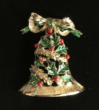Vintage Christmas Bell Holly Brooch Pin Signed Gerrys Gold Tone