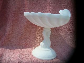 Htf Vintag Imperial Milk Satin Glass Dolphin & Shell Pedestal Compote Candy Dish