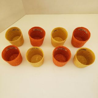 Set Of 8 Vintage Woven Raffia Cup Holders Orange And Yellow Made In Italy
