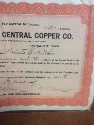 Vintage Antique Green Water Central Copper Co.  Capital Stocks Certificate 1907