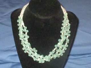 Vintage Silver - Tone Metal Green Glass & Faux Pearl Bead Triple Strand Necklace
