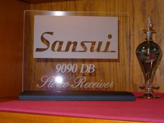 Sansui 9090 Db Receiver Etched Glass Sign W/black Oak Base