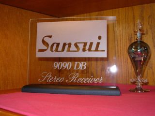 SANSUI 9090 DB RECEIVER ETCHED GLASS SIGN W/BLACK OAK BASE 2