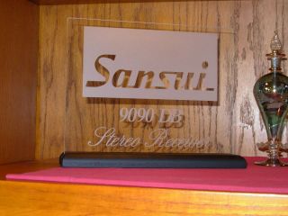 SANSUI 9090 DB RECEIVER ETCHED GLASS SIGN W/BLACK OAK BASE 3