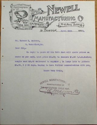 Bicycle 1897 Letterhead: Newell Manufacturing/safety - Poise Cycle Seat - Boston,  Ma