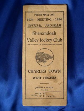 June 1934 Charles Town Wv Shenandoah Jockey Club Race Track Horse Racing Program