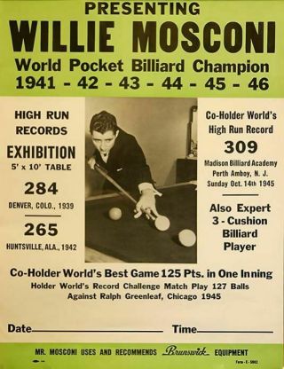 Willie Mosconi 8x10 Poster Photo Billiards Pool Picture