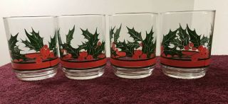 Set Of 4 Vintage Libby Holly Berry Christmas Drinking Glasses 4”