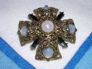 020n Vintage Maltese Cross Pin Pendant Opalescent Cabochons Blue Rhinestones