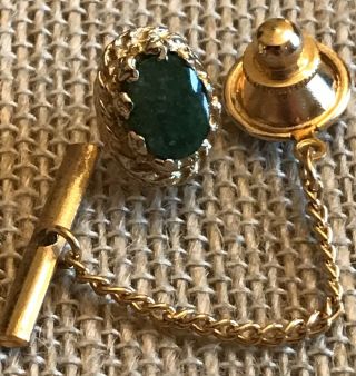 Vintage Jade Green Stone And Gold Tone Tie Tack With Chain