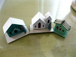 3 Vintage Small Putz Houses & Church Made In Japan Beaded Roof Mica