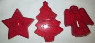 Vintage Hrm 3 Red Clear Plastic Christmas Tree Angel Star Cookie Cutter Ornament