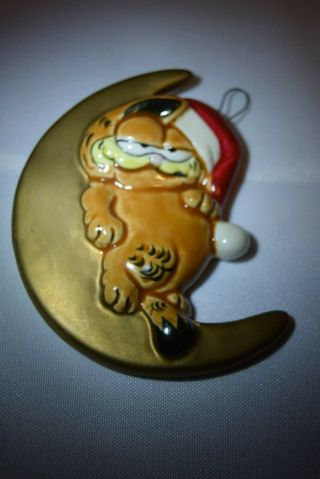 Vintage 1981 Enesco Garfield The Cat Santa Hat Ornament With Moon