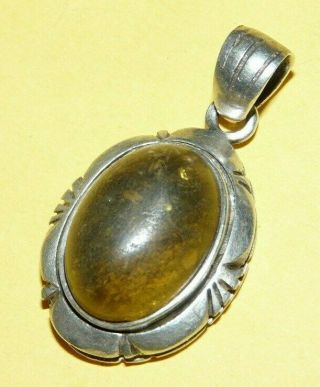 VTG OLD PAWN NATIVE AMERICAN NAVAJO STERLING SILVER w/ AMBER CABOCHON PENDANT 3
