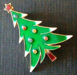 Vintage Jewelry Signed Art Christmas Tree Brooch Pin Enamel Rhinestone Ornament