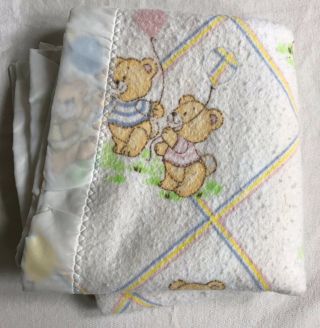 Vintage Baby Blanket Satin Trim Edges Bears Balloons Grass Made In Usa 41 X 44