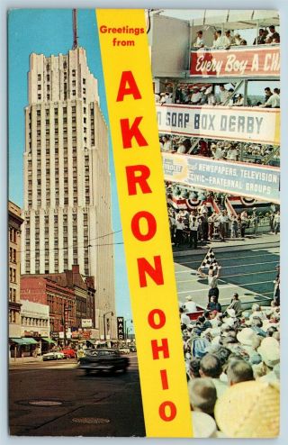 Postcard Oh Banner Dual View Greetings From Akron Ohio Soap Box Derby Vintage P4