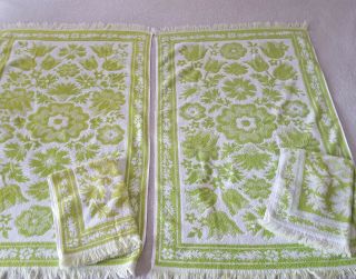 Vintage Stevens Utica Bath And Hand Towels Lime Green And White