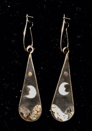Vintage Abalone Inlaid Black Enamel Alpaca Silver Dangle Earrings Halloween