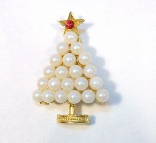 1 Vtg Pearl Studded Christmas Tree Pin Brooch W/ Red Rhinestone Star