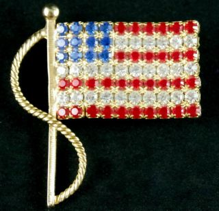 Minty Vtg Large Prong - Set Red White & Blue Rhinestone American Flag Brooch Pin