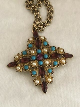 Vintage Weiss Rhinestone Maltese Cross Gold Tone Pendant Necklace