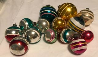 14 Vintage Glass Ball Ornaments With Stripes Assorted Size & Colors