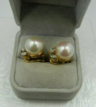 Exquisite Vintage Gold Tone Colossal Mabe Pearl & Cubic Zirconia Earrings