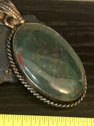 Vintage Native American Blood Stone Green Red Sterling Silver Oval Pendant 10g