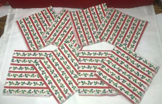 Vintage Christmas Holly Berry Cocktail Linen Cloth Napkins Red White & Green (8)