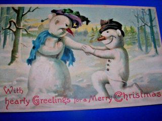 Vintage Postcard Made In Germany Snowman And Snow Lady With Greetings