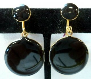 Stunning Vintage Estate Black Enameled Gold Tone 1.  5 " Clip Earrings 2685v
