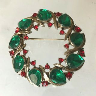 Vtg Lc Liz Claiborne Christmas Wreath Pin Brooch Large Green Rhinestone Red Gold