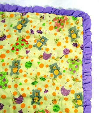 Vintage Baby Blanket Quilt Throw Unisex Teddy Bears Pastel Multi Yellow Purple