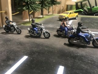 Harley Davidson Motorcycles,  Four 1/43 Scale Bikes With Riders Mth O Scale Train