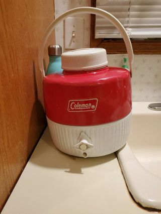 Vintage Coleman Water Cooler Jug Red White Round 1 Gallon.